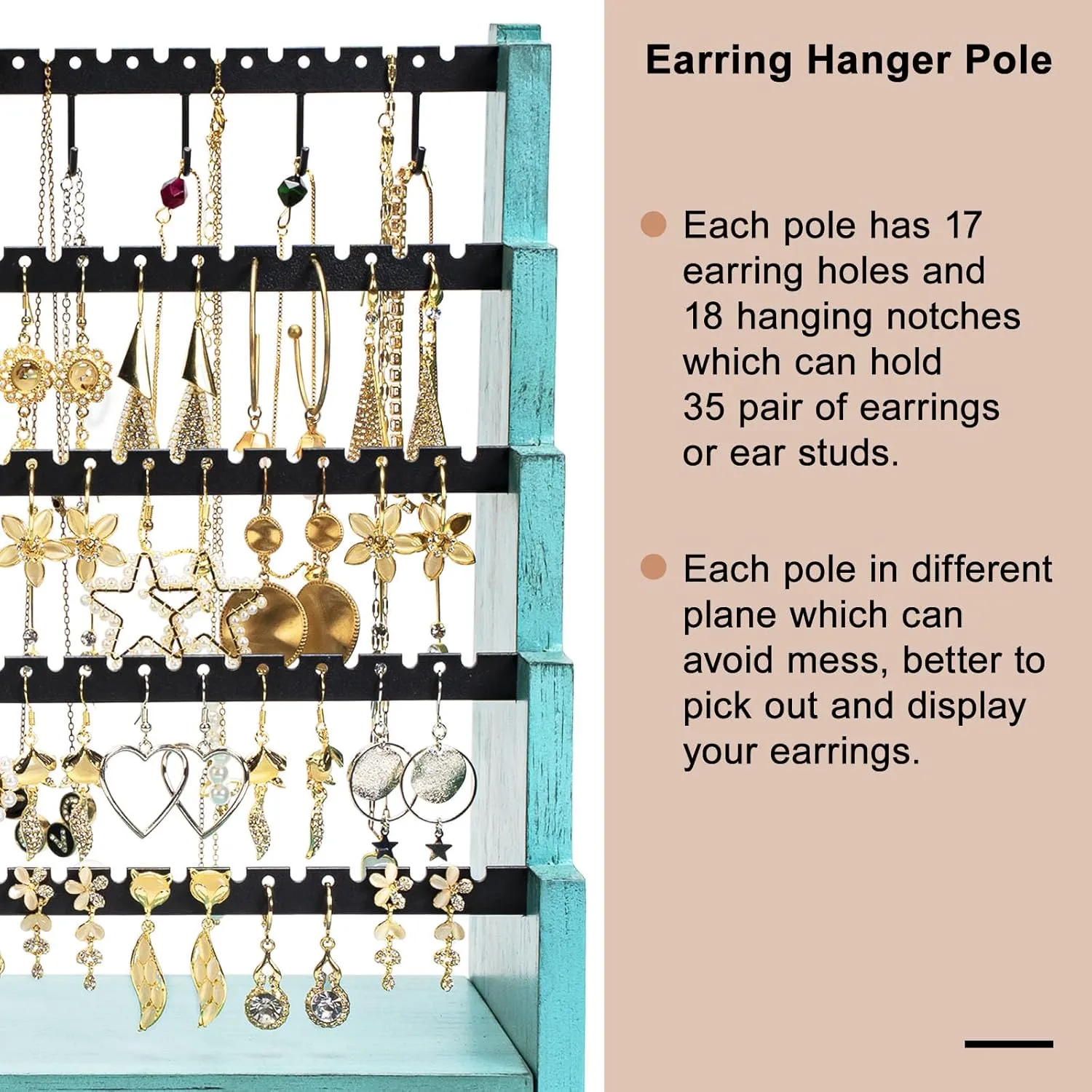 Pinzoveco Earring Organizer, 5 Layer Earring Holder Organizer with Necklace Holder Pole, Rustic Wood Jewelry Organizer Stand Display for Stud Earring Bracelet Necklace Ring, 175 Earring Holes
