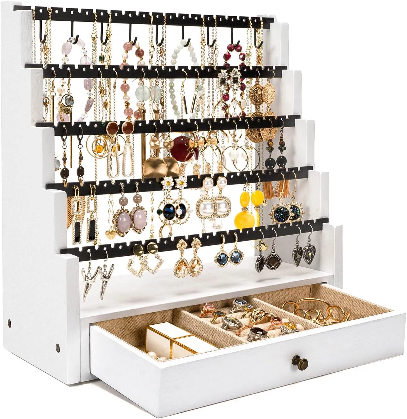 Pinzoveco Earring Organizer, 5 Layer Earring Holder Organizer with Necklace Holder Pole, Rustic Wood Jewelry Organizer Stand Display for Stud Earring Bracelet Necklace Ring, 175 Earring Holes