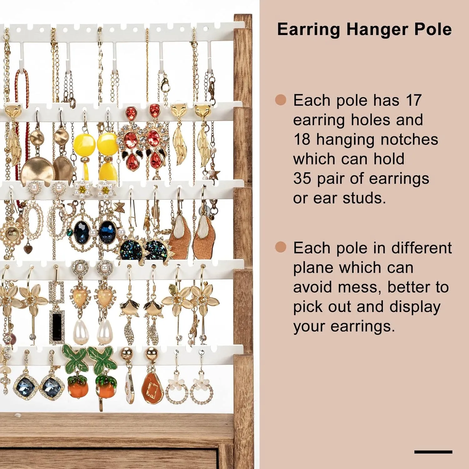 Pinzoveco Earring Organizer, 5 Layer Earring Holder Organizer with Necklace Holder Pole, Rustic Wood Jewelry Organizer Stand Display for Stud Earring Bracelet Necklace Ring, 175 Earring Holes