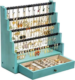 Pinzoveco Earring Organizer, 5 Layer Earring Holder Organizer with Necklace Holder Pole, Rustic Wood Jewelry Organizer Stand Display for Stud Earring Bracelet Necklace Ring, 175 Earring Holes