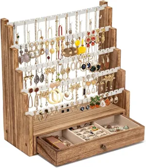 Pinzoveco Earring Organizer, 5 Layer Earring Holder Organizer with Necklace Holder Pole, Rustic Wood Jewelry Organizer Stand Display for Stud Earring Bracelet Necklace Ring, 175 Earring Holes