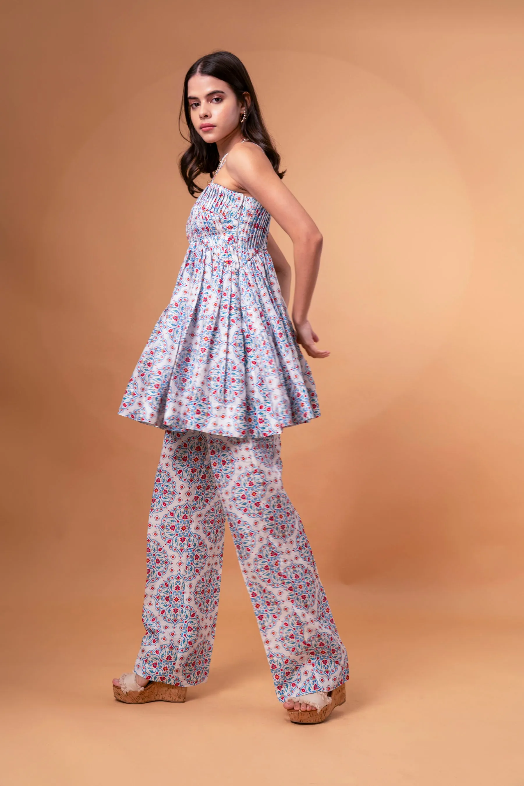 Pleated Linen Tunic Top With Tapered Baggy Ankle Pants Co-ord