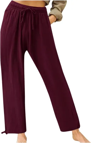 Plus Size Solid Relaxed Crinkle Pants Wide Leg Casual Summer High Waist Trousers Fashion Work Office Cropped Pant