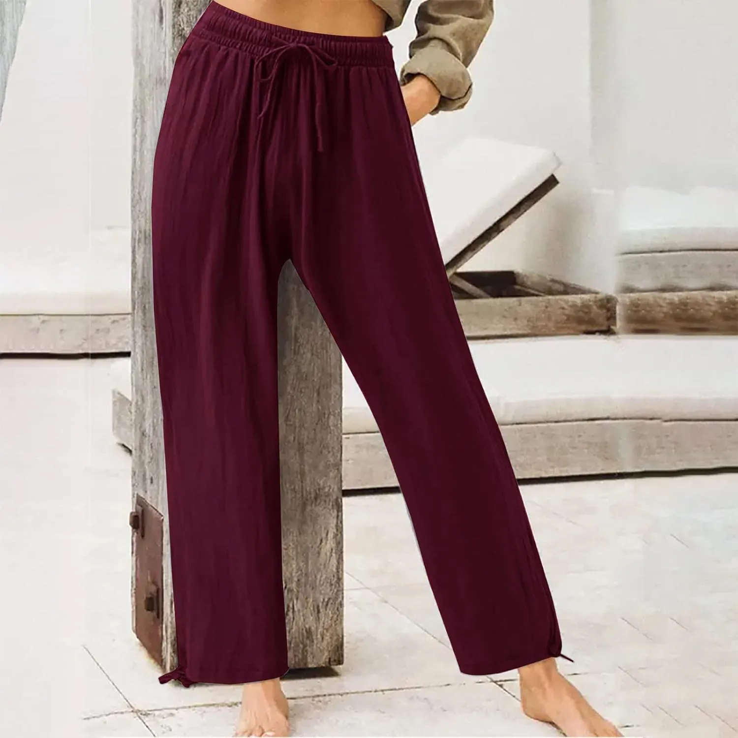 Plus Size Solid Relaxed Crinkle Pants Wide Leg Casual Summer High Waist Trousers Fashion Work Office Cropped Pant