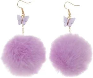 Pom Pom Earrings Butterfly Pom Pom Pendant Earrings Faux Fur Ball Winter Earrings Pink Pom Earrings for Women Teen Girls