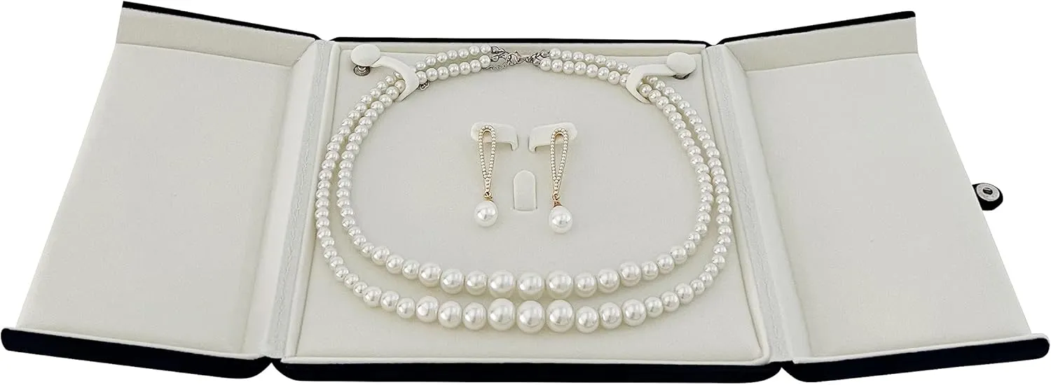 Premium Grade Beautiful Navy Blue Velvet Jewelry Box for Large Necklace and Earrings as Set Pearl Neckalce Strands Presentation Unique Design