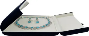 Premium Grade Beautiful Navy Blue Velvet Jewelry Box for Large Necklace and Earrings as Set Pearl Neckalce Strands Presentation Unique Design