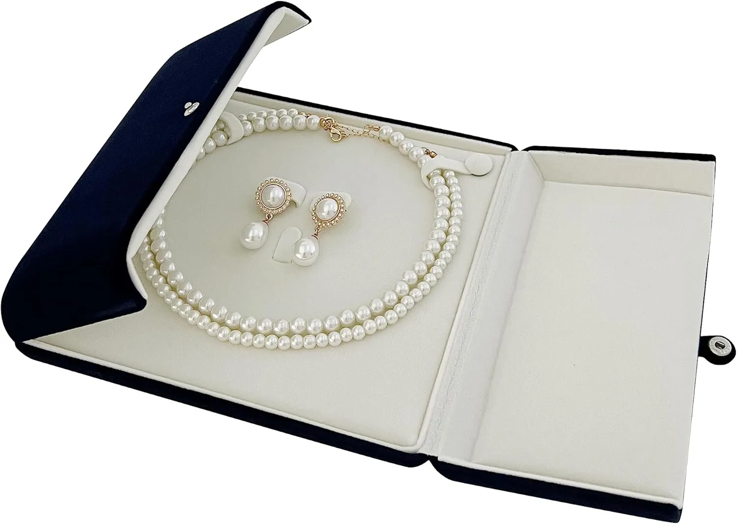 Premium Grade Beautiful Navy Blue Velvet Jewelry Box for Large Necklace and Earrings as Set Pearl Neckalce Strands Presentation Unique Design