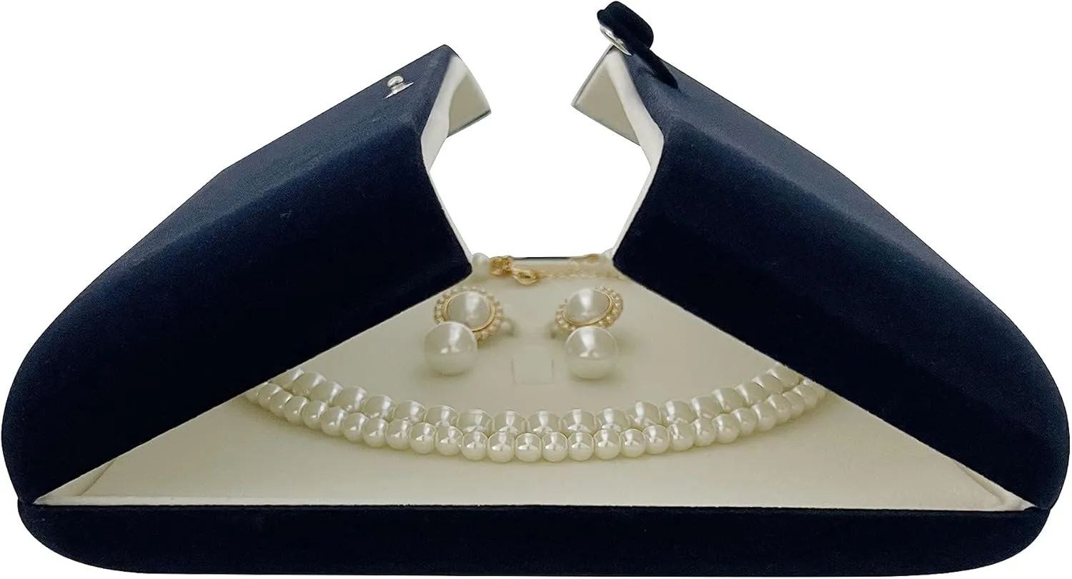 Premium Grade Beautiful Navy Blue Velvet Jewelry Box for Large Necklace and Earrings as Set Pearl Neckalce Strands Presentation Unique Design