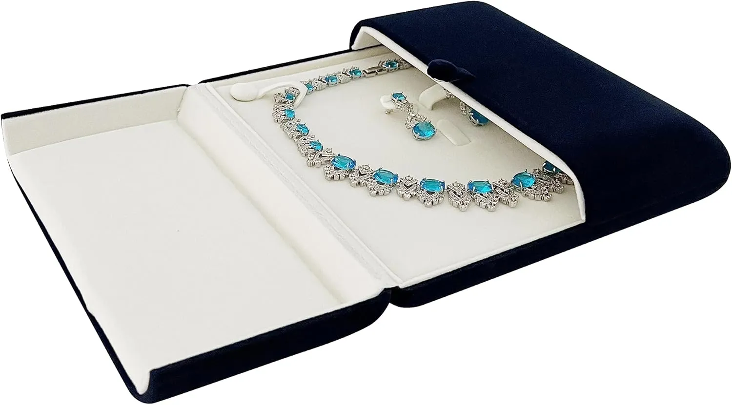 Premium Grade Beautiful Navy Blue Velvet Jewelry Box for Large Necklace and Earrings as Set Pearl Neckalce Strands Presentation Unique Design
