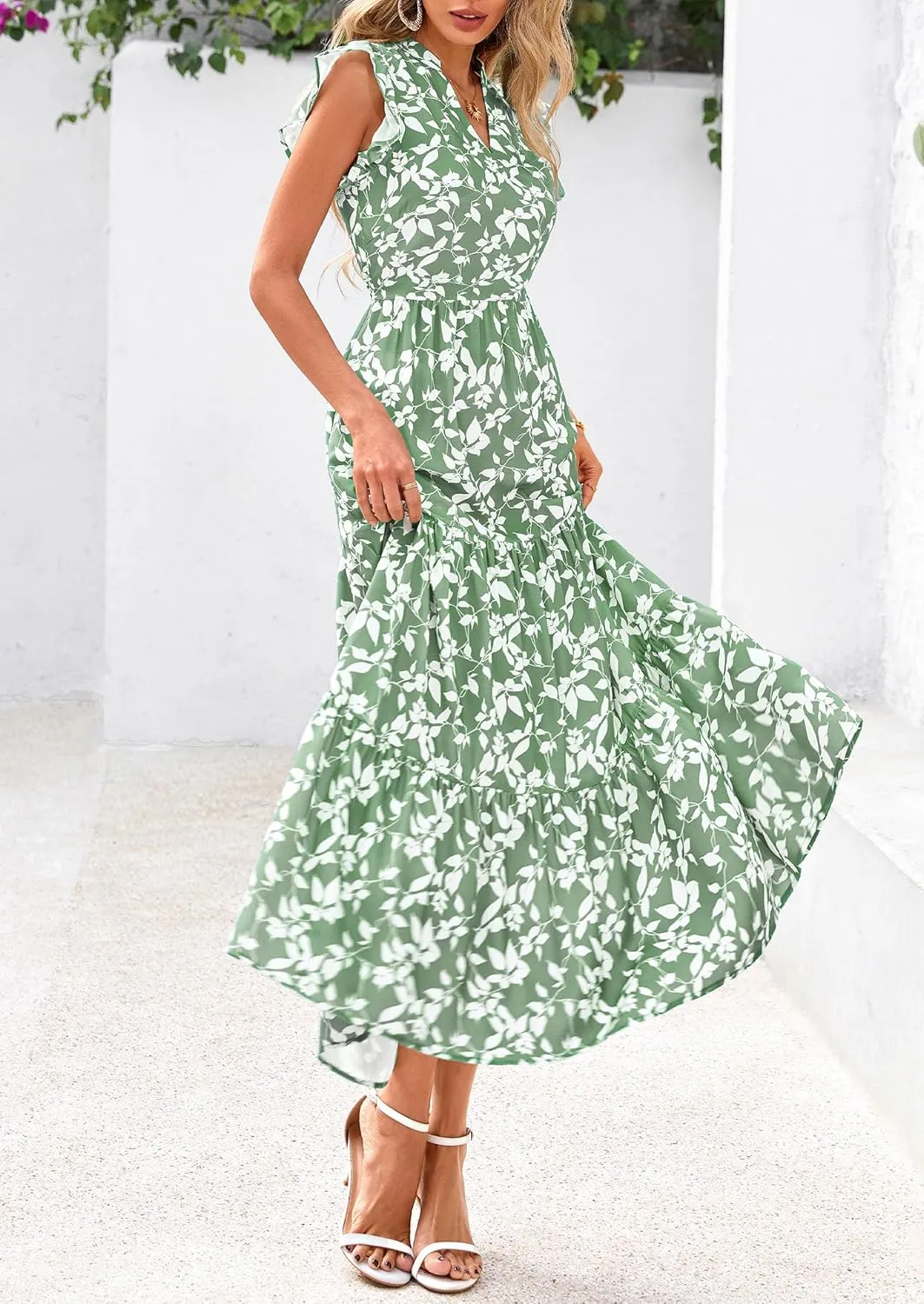 PRETTYGARDEN Women's 2025 Summer Floral Midi Dress Cap Sleeve V Neck Ruffle Long Flowy Boho Casual Beach Vacation Dresses
