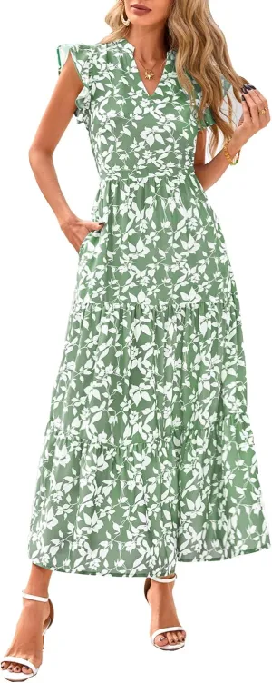 PRETTYGARDEN Women's 2025 Summer Floral Midi Dress Cap Sleeve V Neck Ruffle Long Flowy Boho Casual Beach Vacation Dresses