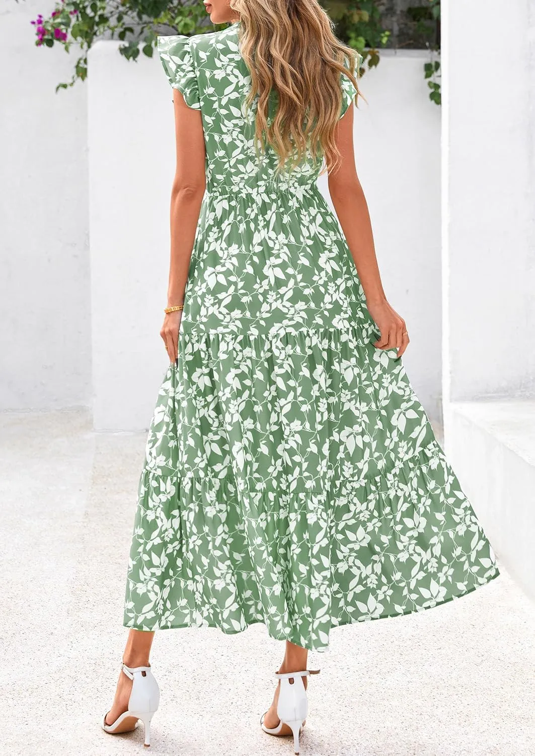 PRETTYGARDEN Women's 2025 Summer Floral Midi Dress Cap Sleeve V Neck Ruffle Long Flowy Boho Casual Beach Vacation Dresses