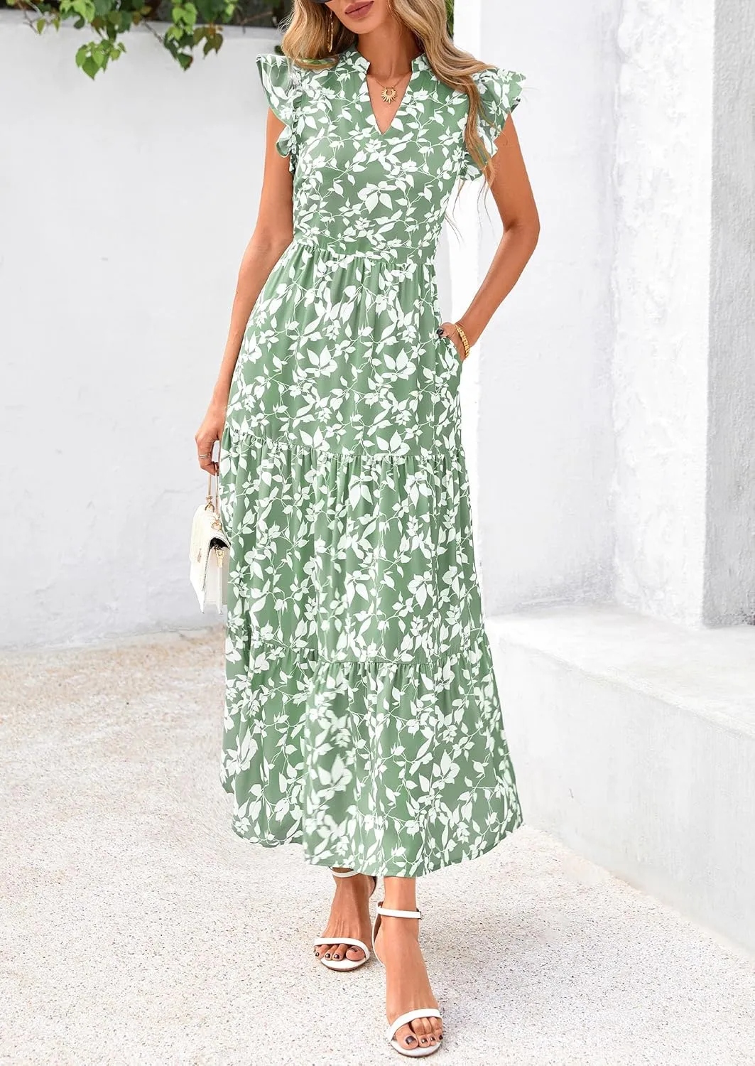 PRETTYGARDEN Women's 2025 Summer Floral Midi Dress Cap Sleeve V Neck Ruffle Long Flowy Boho Casual Beach Vacation Dresses