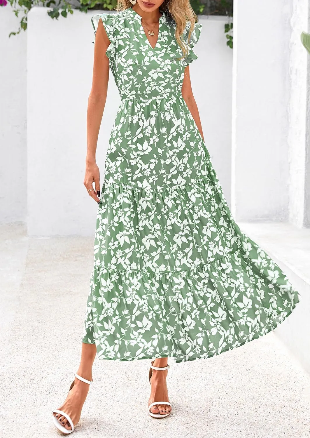 PRETTYGARDEN Women's 2025 Summer Floral Midi Dress Cap Sleeve V Neck Ruffle Long Flowy Boho Casual Beach Vacation Dresses
