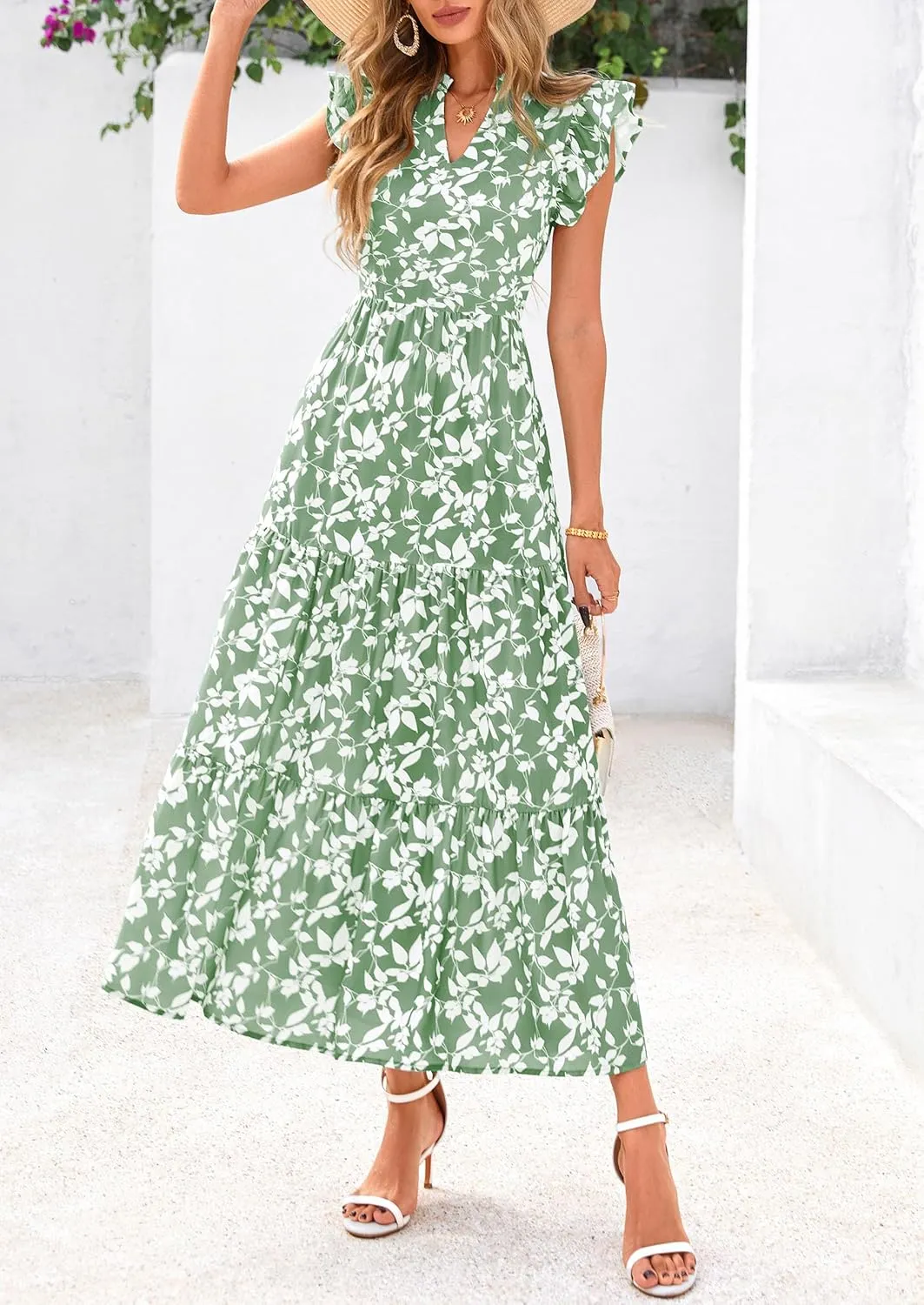 PRETTYGARDEN Women's 2025 Summer Floral Midi Dress Cap Sleeve V Neck Ruffle Long Flowy Boho Casual Beach Vacation Dresses