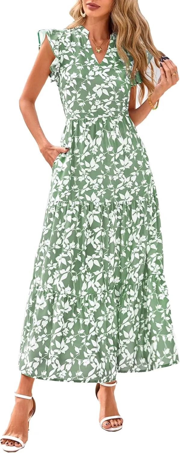 PRETTYGARDEN Women's 2025 Summer Floral Midi Dress Cap Sleeve V Neck Ruffle Long Flowy Boho Casual Beach Vacation Dresses