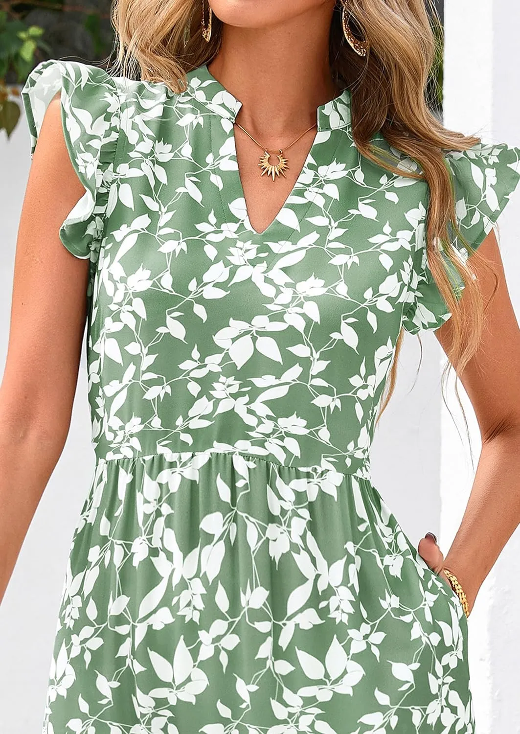 PRETTYGARDEN Women's 2025 Summer Floral Midi Dress Cap Sleeve V Neck Ruffle Long Flowy Boho Casual Beach Vacation Dresses