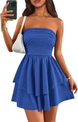 PRETTYGARDEN Women's 2025 Summer Strapless Tube Mini Dress Off Shoulder Smocked Ruffle A Line Flowy Short Party Club Dresses