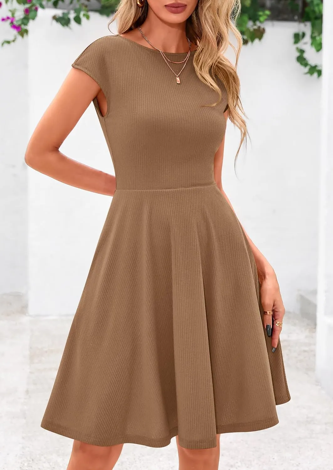 PRETTYGARDEN Womens Short Summer Dress 2025 Crewneck Cap Sleeve Ribbed Knit Casual Flowy A Line Mini Sundresses with Pockets