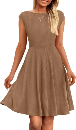 PRETTYGARDEN Womens Short Summer Dress 2025 Crewneck Cap Sleeve Ribbed Knit Casual Flowy A Line Mini Sundresses with Pockets