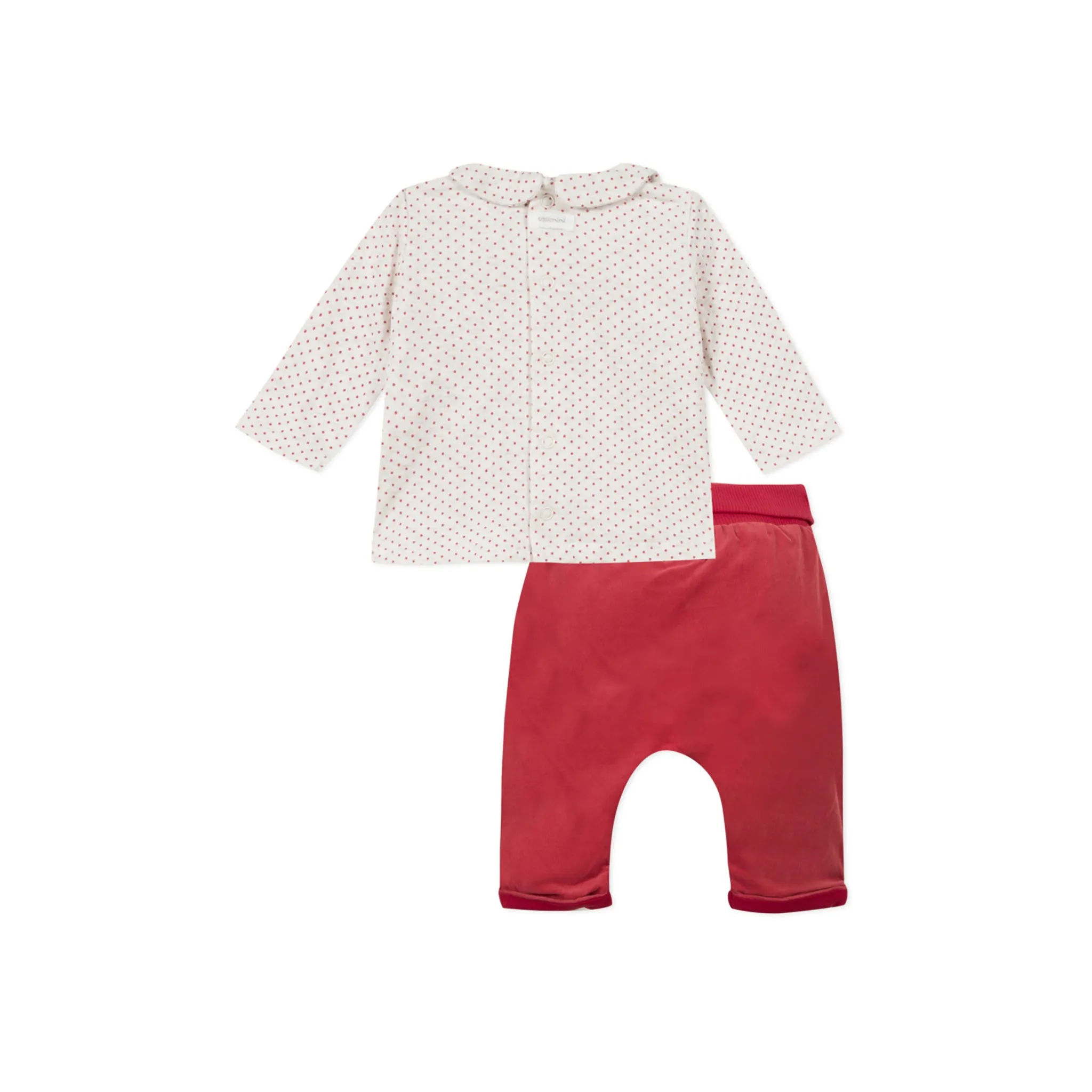 Printed fleece T-shirt and red velvet pants