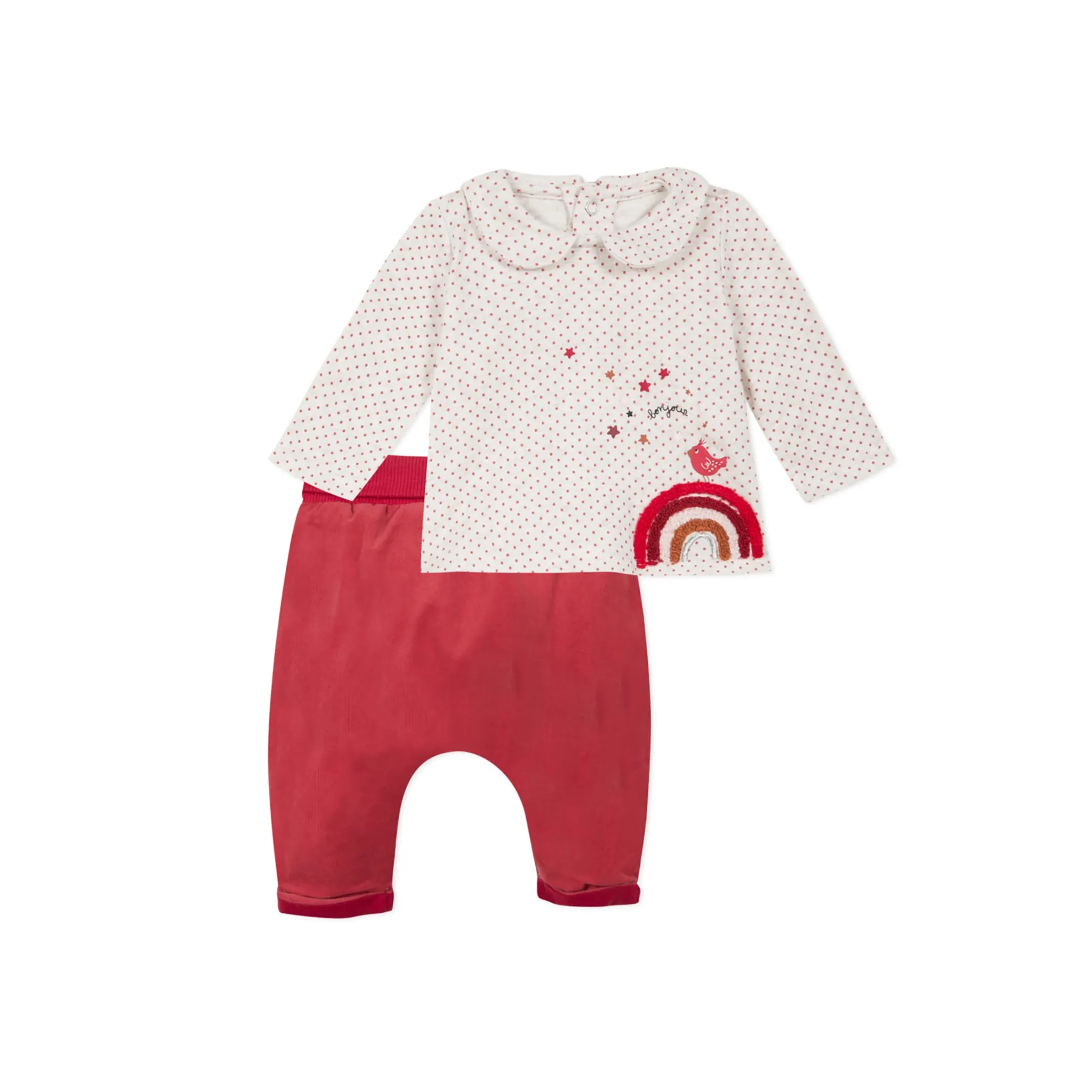 Printed fleece T-shirt and red velvet pants