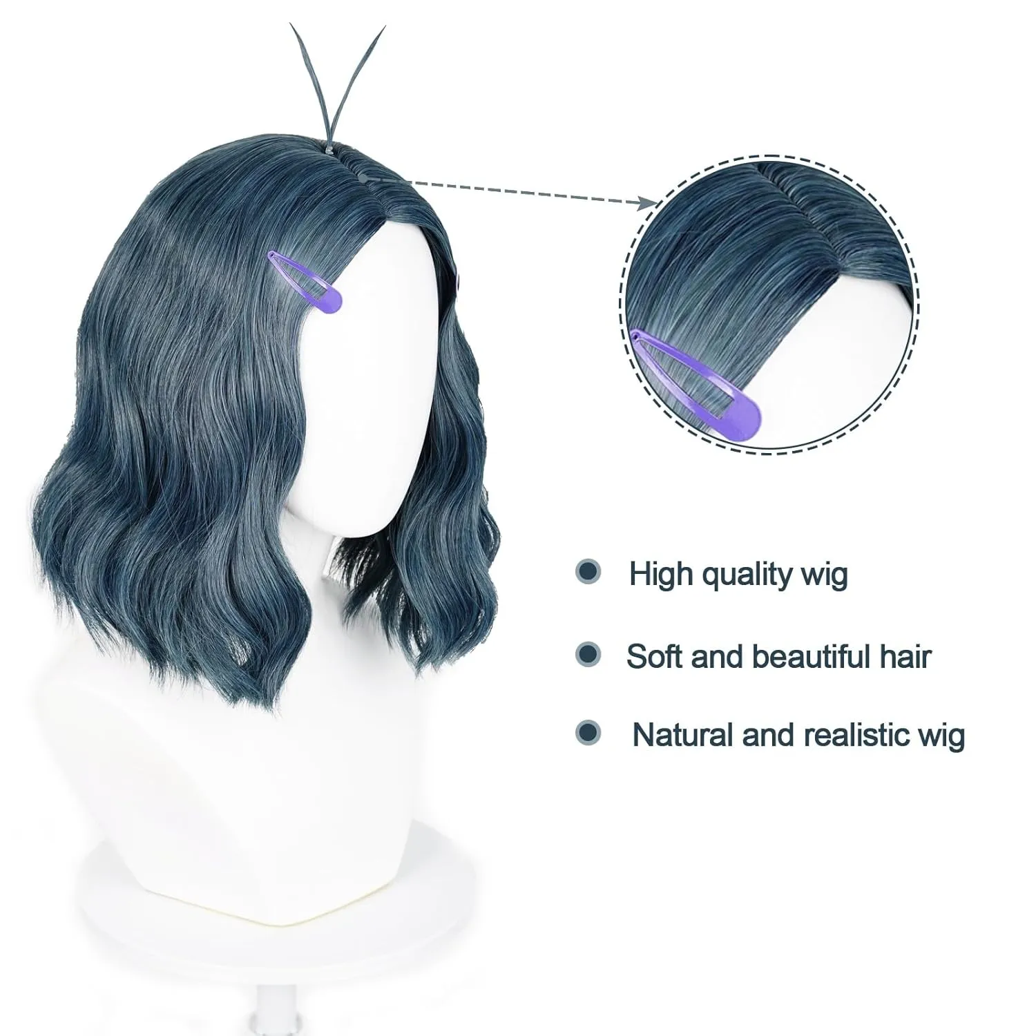 Probeauty Short Dark Blue Wig for Women, Blue Curly Costume Wig for Adults Halloween Cosplay Party with Hairpin