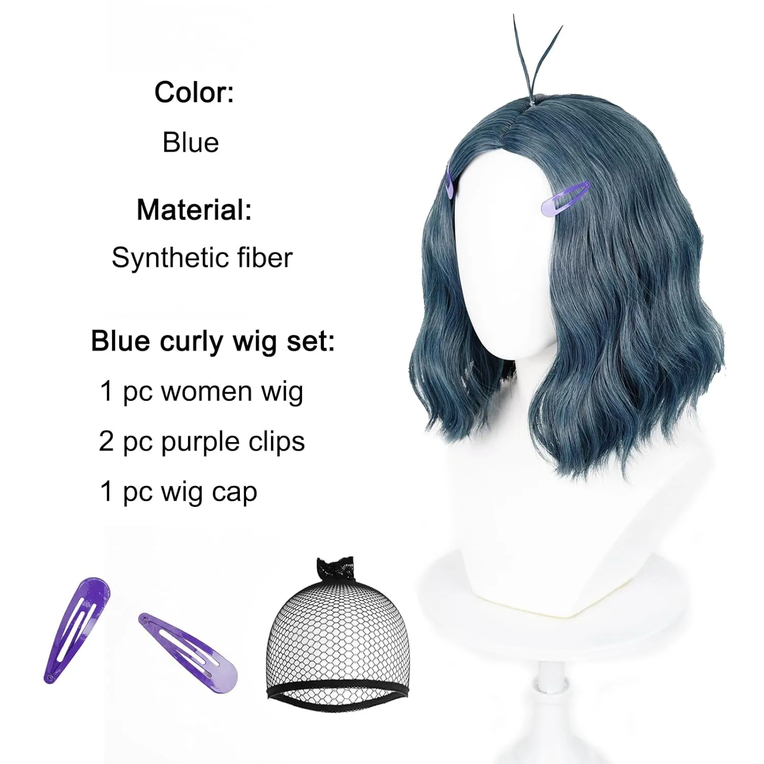 Probeauty Short Dark Blue Wig for Women, Blue Curly Costume Wig for Adults Halloween Cosplay Party with Hairpin