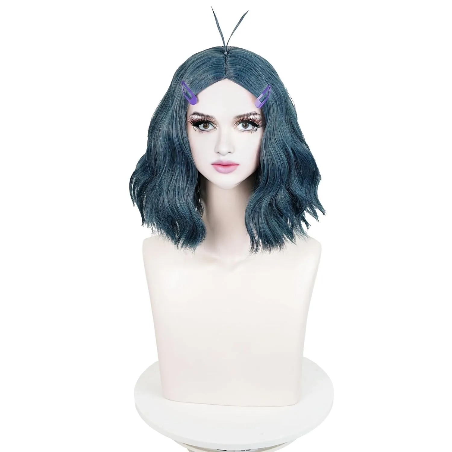 Probeauty Short Dark Blue Wig for Women, Blue Curly Costume Wig for Adults Halloween Cosplay Party with Hairpin