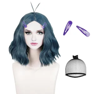 Probeauty Short Dark Blue Wig for Women, Blue Curly Costume Wig for Adults Halloween Cosplay Party with Hairpin