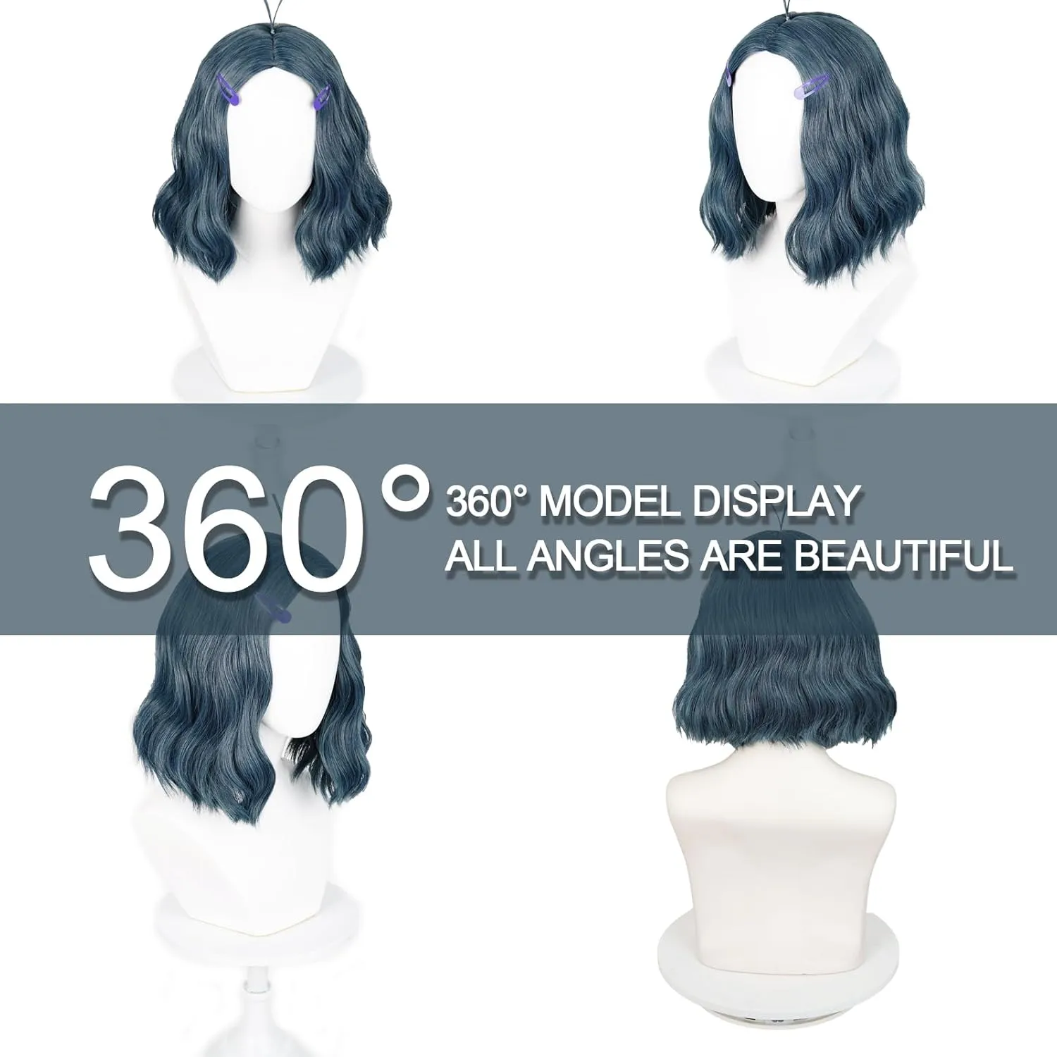 Probeauty Short Dark Blue Wig for Women, Blue Curly Costume Wig for Adults Halloween Cosplay Party with Hairpin