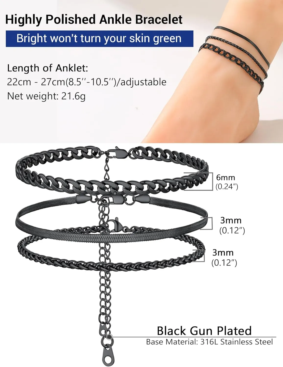 PROSTEEL Ankle Bracelets for Women, Layered Gold Anklets for Women Waterproof, Stainless Steel Cuban Link Anklets Set, 8.5"-10.5" Adjustable Anklet, Come with Box