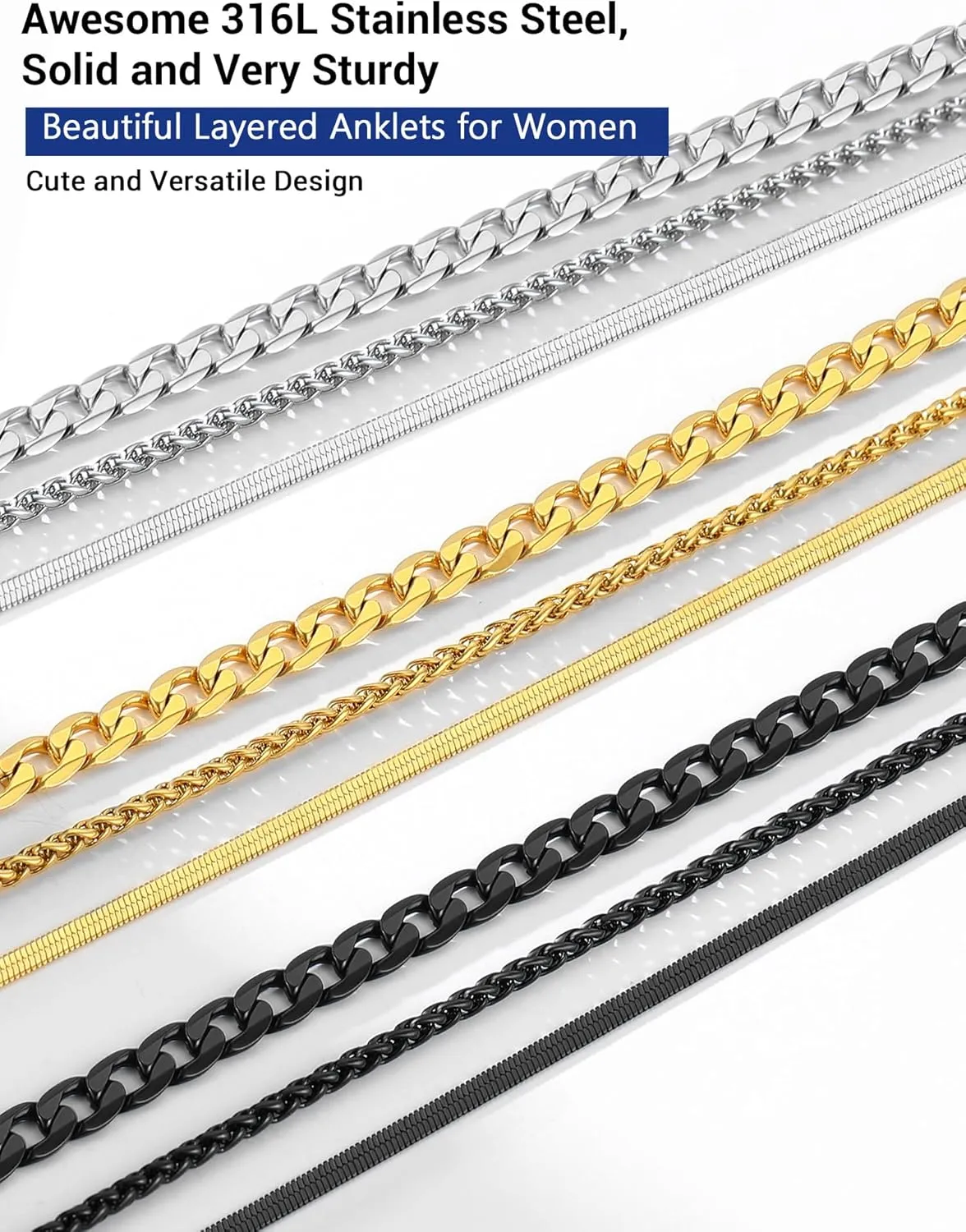 PROSTEEL Ankle Bracelets for Women, Layered Gold Anklets for Women Waterproof, Stainless Steel Cuban Link Anklets Set, 8.5"-10.5" Adjustable Anklet, Come with Box