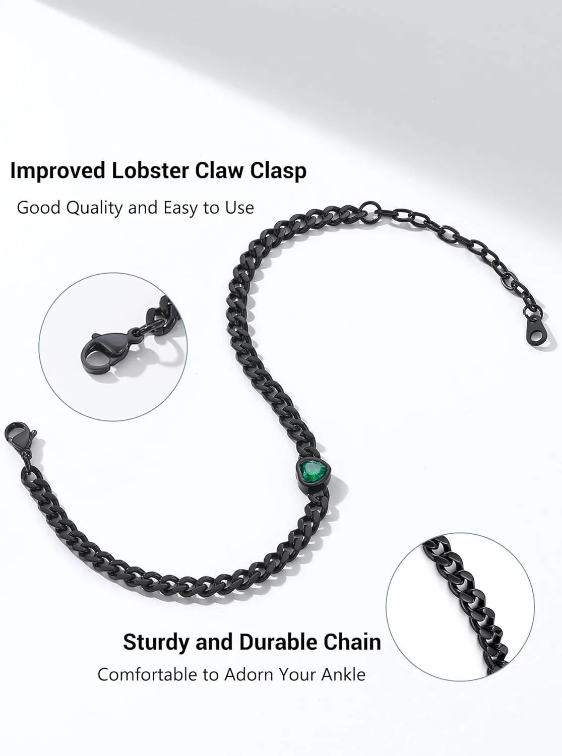 PROSTEEL Cuban Links Heart Anklets for Women, Adorned with Sparkling Birthstone, Black Stainless Steel Chain Ankle Bracelet, 8.5"-10.5" Adjustable, Come with Box