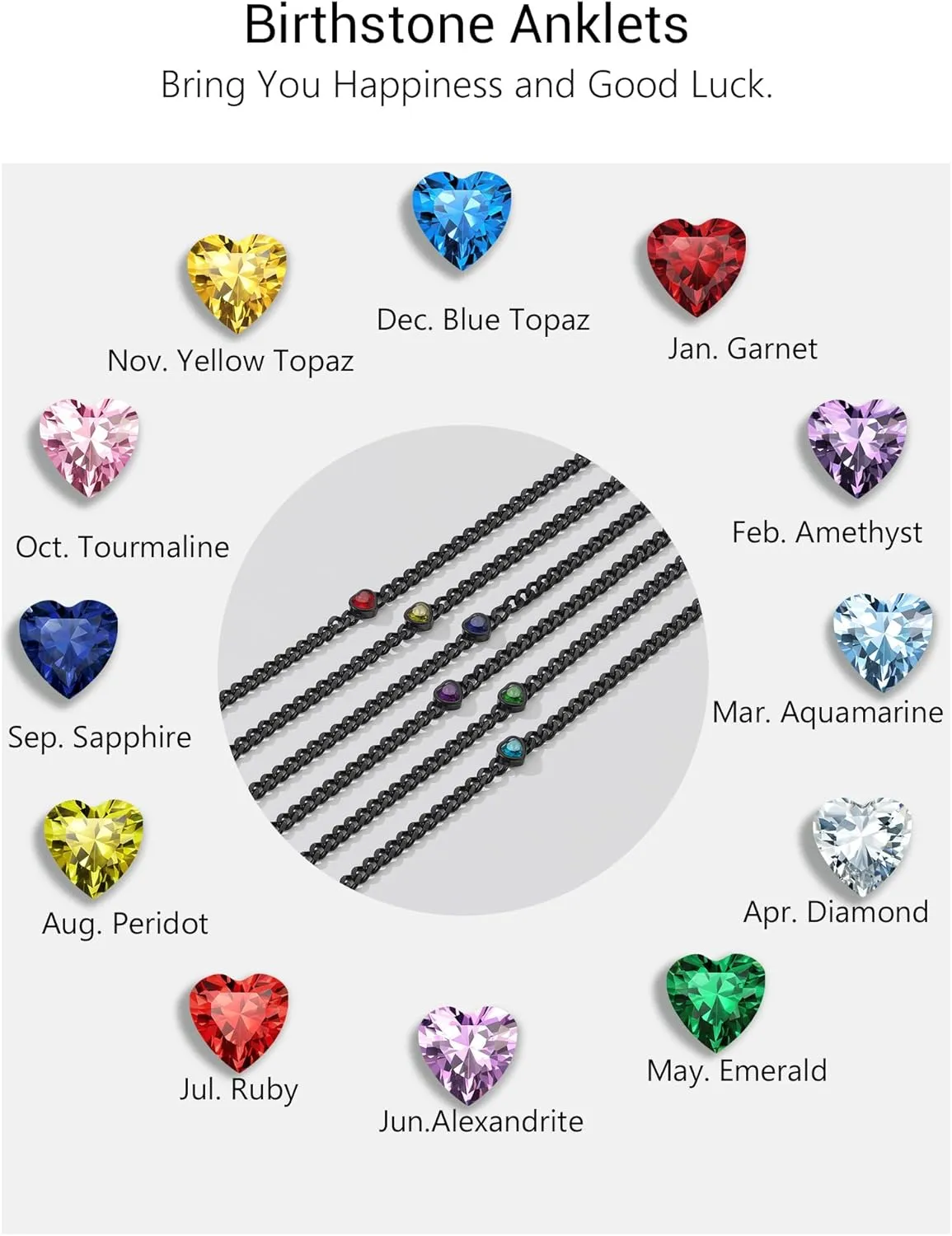 PROSTEEL Cuban Links Heart Anklets for Women, Adorned with Sparkling Birthstone, Black Stainless Steel Chain Ankle Bracelet, 8.5"-10.5" Adjustable, Come with Box