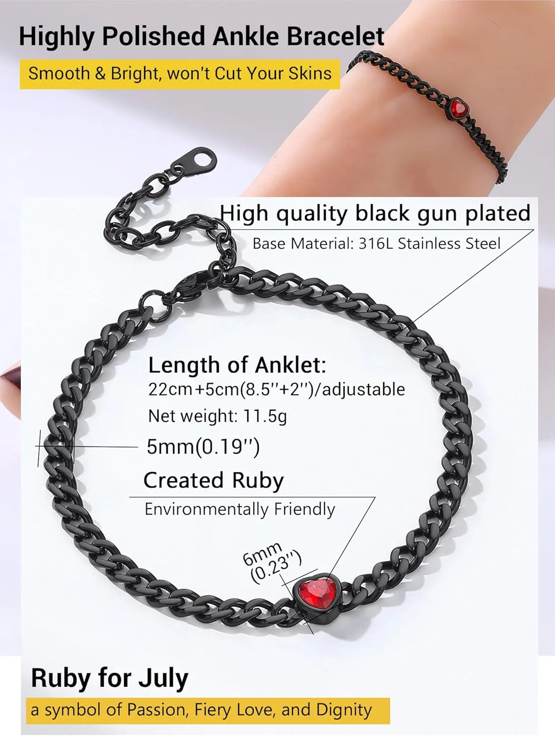 PROSTEEL Cuban Links Heart Anklets for Women, Adorned with Sparkling Birthstone, Black Stainless Steel Chain Ankle Bracelet, 8.5"-10.5" Adjustable, Come with Box