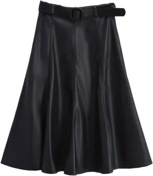 PU Leather Skirt Women's A-Line Skirts with Belt Beige Midi High-Waist Pleated Skirt Woman Skirts Faux Leather Skirt