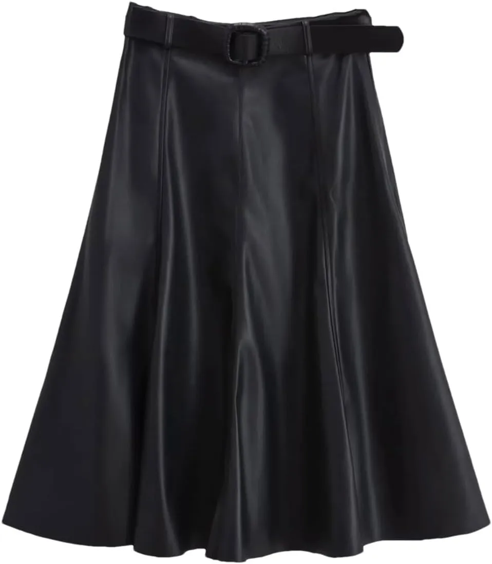 PU Leather Skirt Women's A-Line Skirts with Belt Beige Midi High-Waist Pleated Skirt Woman Skirts Faux Leather Skirt