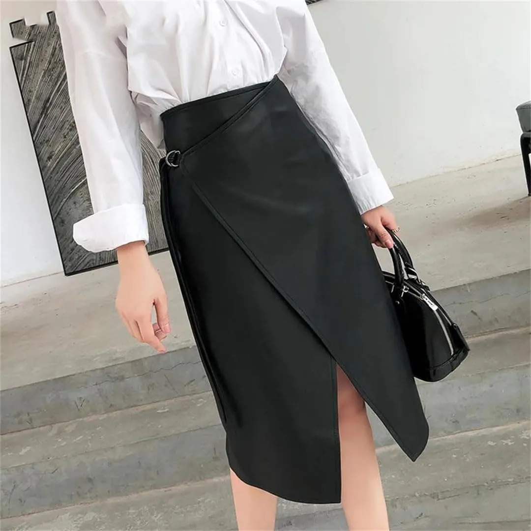 Pulcykp Women Leather Lace-Up Midi Skirt Asymmetric Knee-Length A-Line Skirt Wrap Sexy Streetwear Skirt