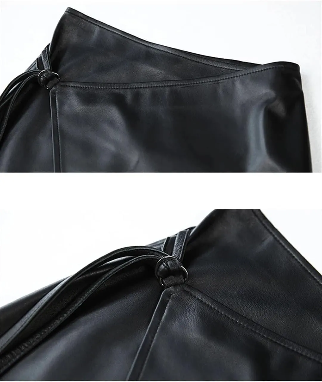 Pulcykp Women Leather Lace-Up Midi Skirt Asymmetric Knee-Length A-Line Skirt Wrap Sexy Streetwear Skirt