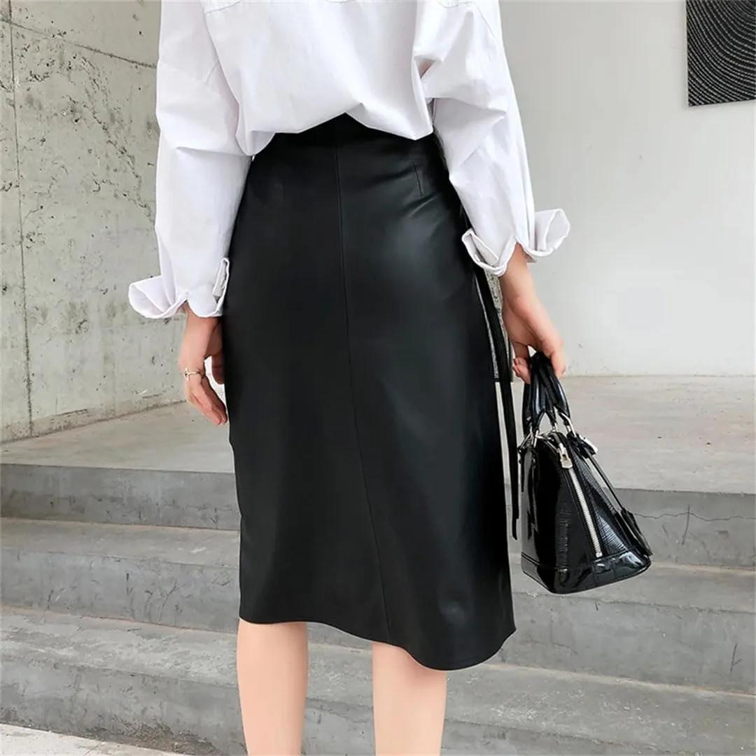 Pulcykp Women Leather Lace-Up Midi Skirt Asymmetric Knee-Length A-Line Skirt Wrap Sexy Streetwear Skirt