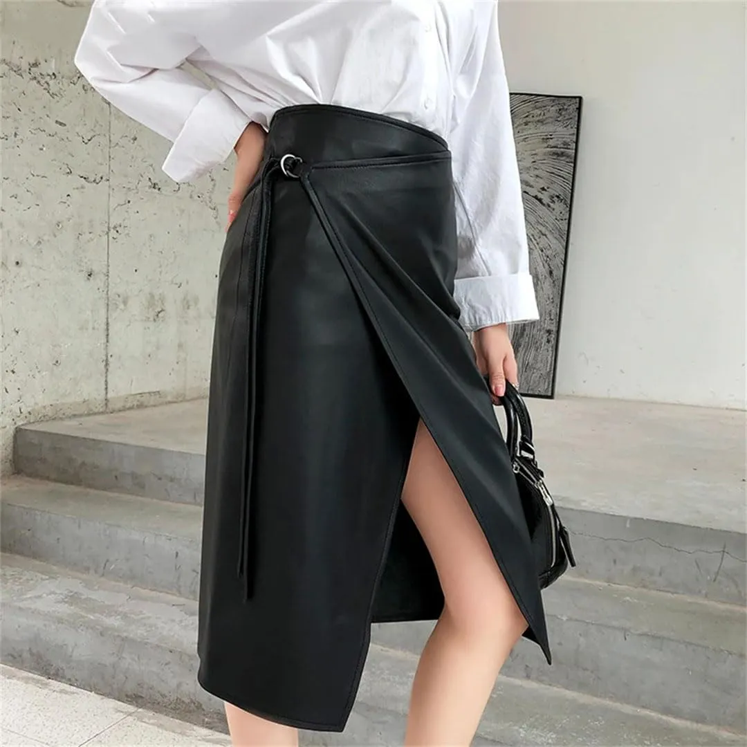 Pulcykp Women Leather Lace-Up Midi Skirt Asymmetric Knee-Length A-Line Skirt Wrap Sexy Streetwear Skirt