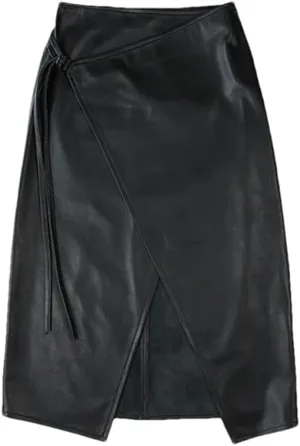 Pulcykp Women Leather Lace-Up Midi Skirt Asymmetric Knee-Length A-Line Skirt Wrap Sexy Streetwear Skirt