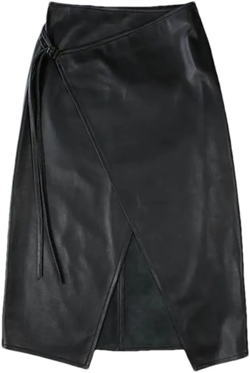 Pulcykp Women Leather Lace-Up Midi Skirt Asymmetric Knee-Length A-Line Skirt Wrap Sexy Streetwear Skirt