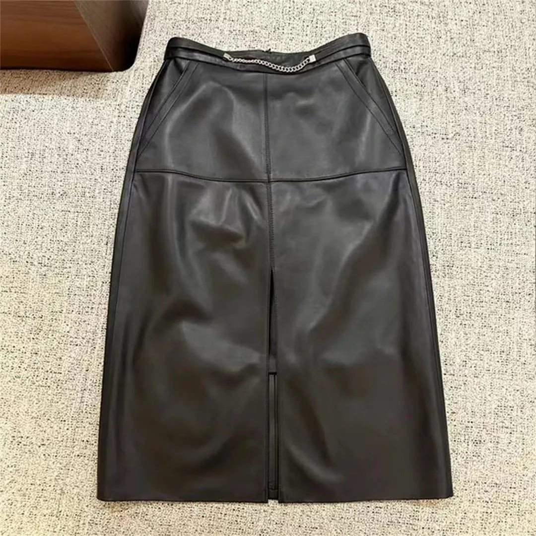 Pulcykp Women Leather Slit Wrapped Skirt High Waist Solid Midi Skirt Bodycon Sexy Skirt
