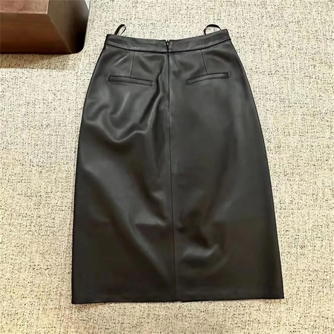 Pulcykp Women Leather Slit Wrapped Skirt High Waist Solid Midi Skirt Bodycon Sexy Skirt