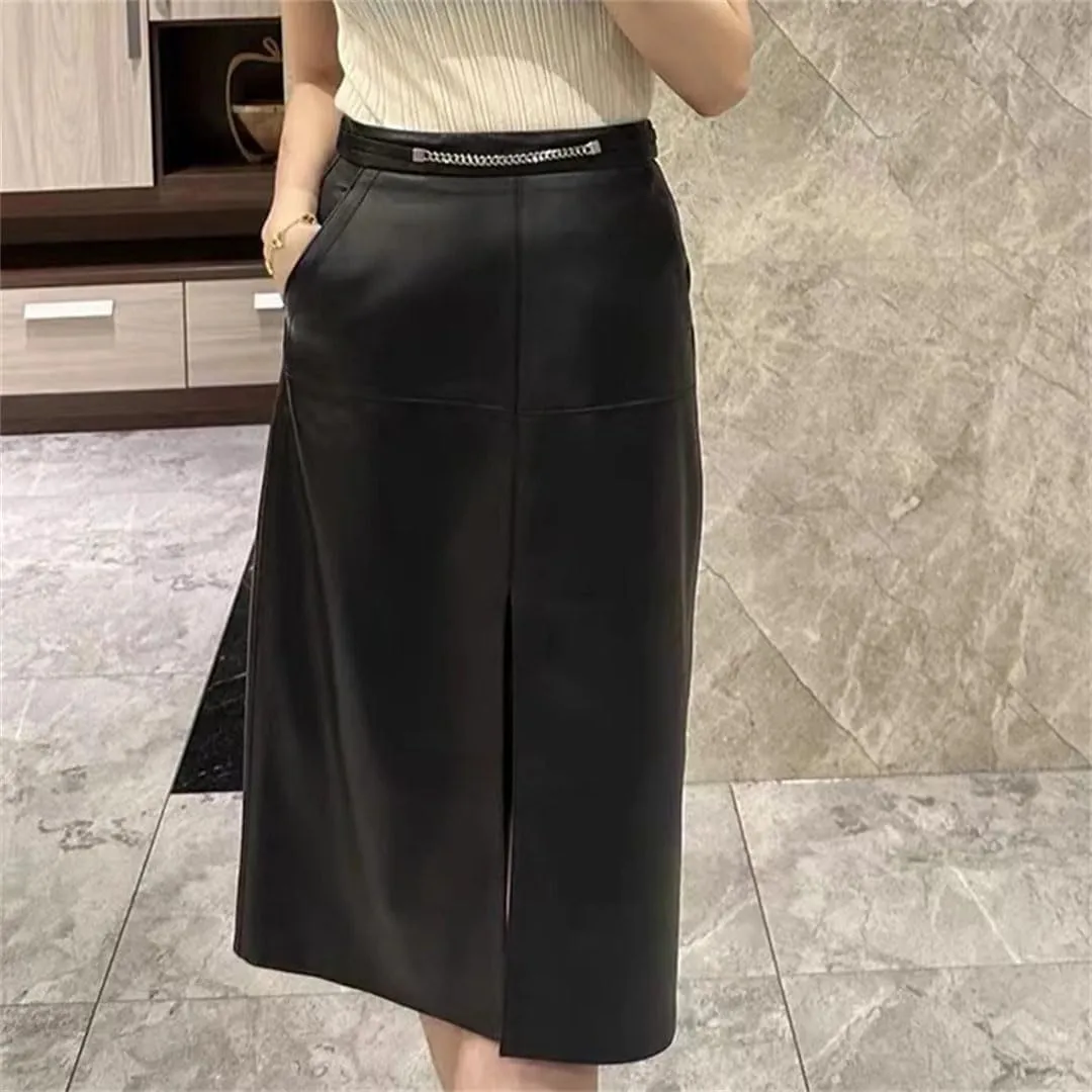 Pulcykp Women Leather Slit Wrapped Skirt High Waist Solid Midi Skirt Bodycon Sexy Skirt