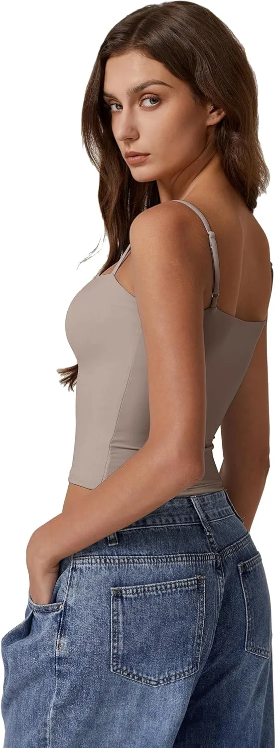 QINSEN Women's Double Lined Basic Tank Top Adjustable Spaghetti Straps Sleeveless Camisole Shirts