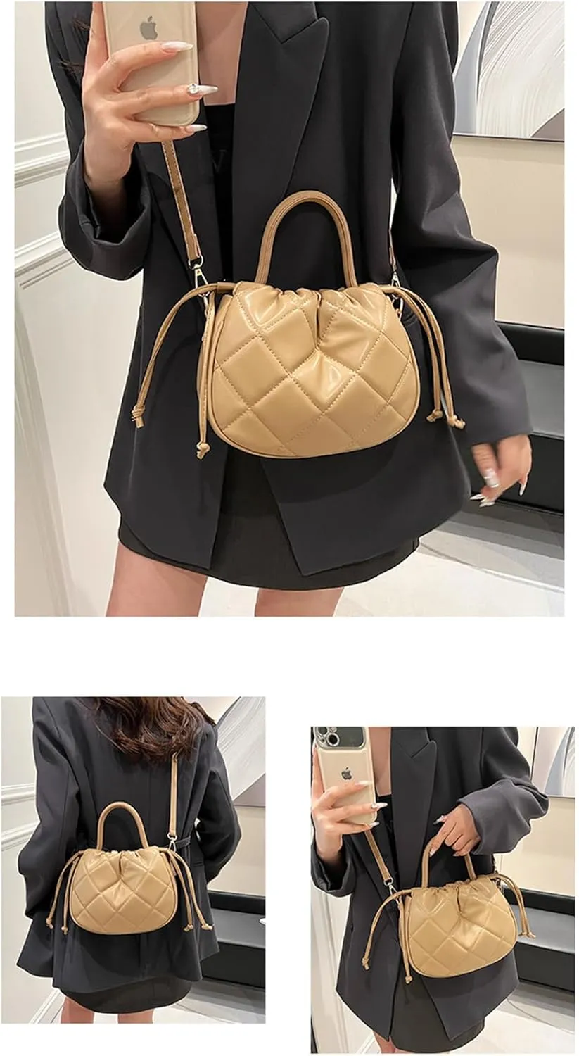 Quilted Drawstring Bucket Bag Small Leather Crossbody Bucket Handbag and Purse Hobo Bucket Tote Bag